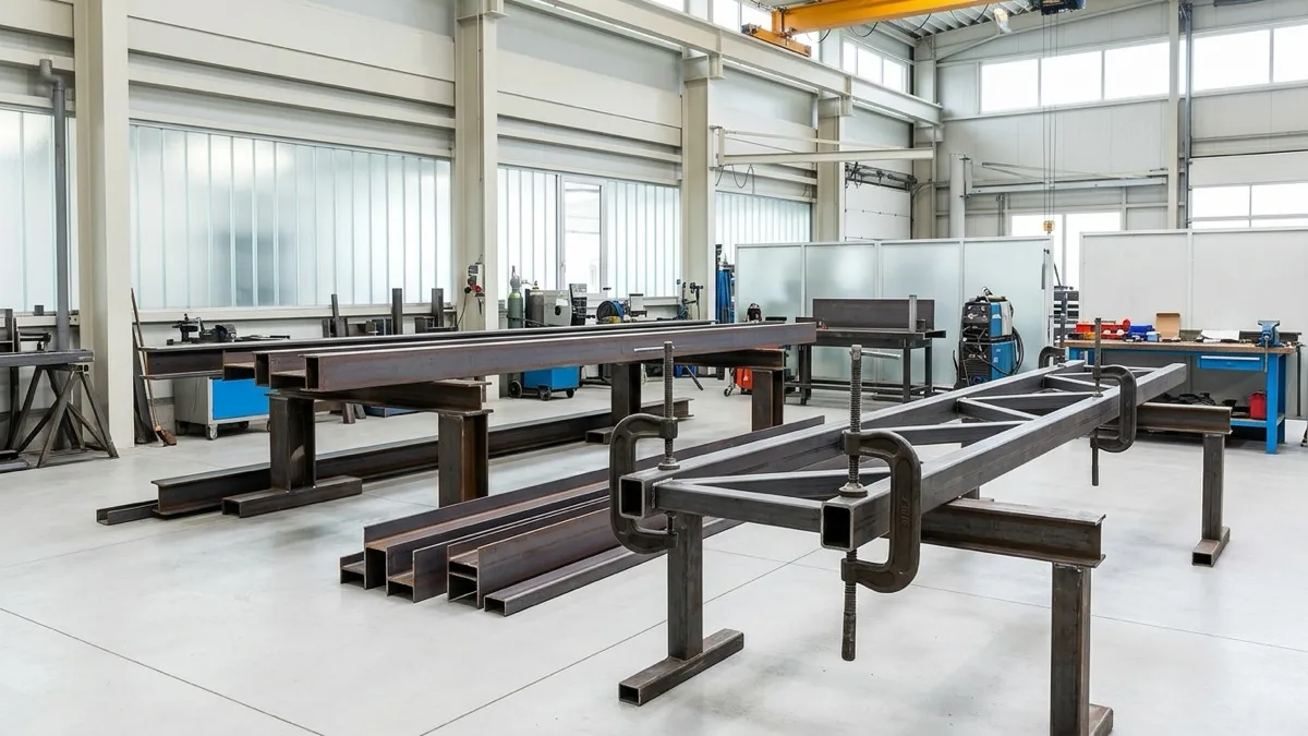 A clean commercial steel fabrication workshop floor displaying structural steel beams and heavy-duty steel clamps.