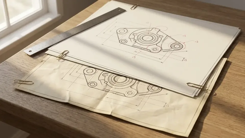 Editorial still life showing layered technical drawings at different revisions with red annotations