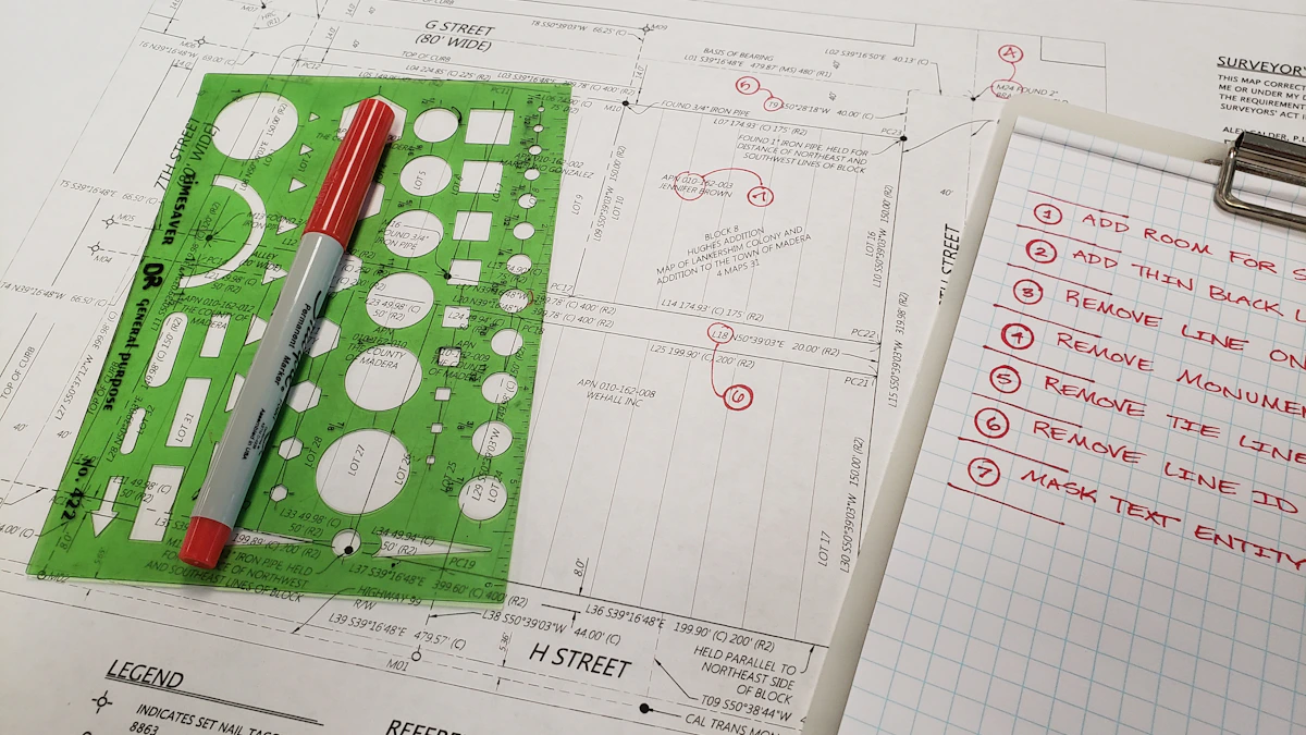 Flat-lay of a printed ERP purchase order and CAD drawing with handwritten takeoff notes, steel callipers, and an estimating notebook on a timber bench.