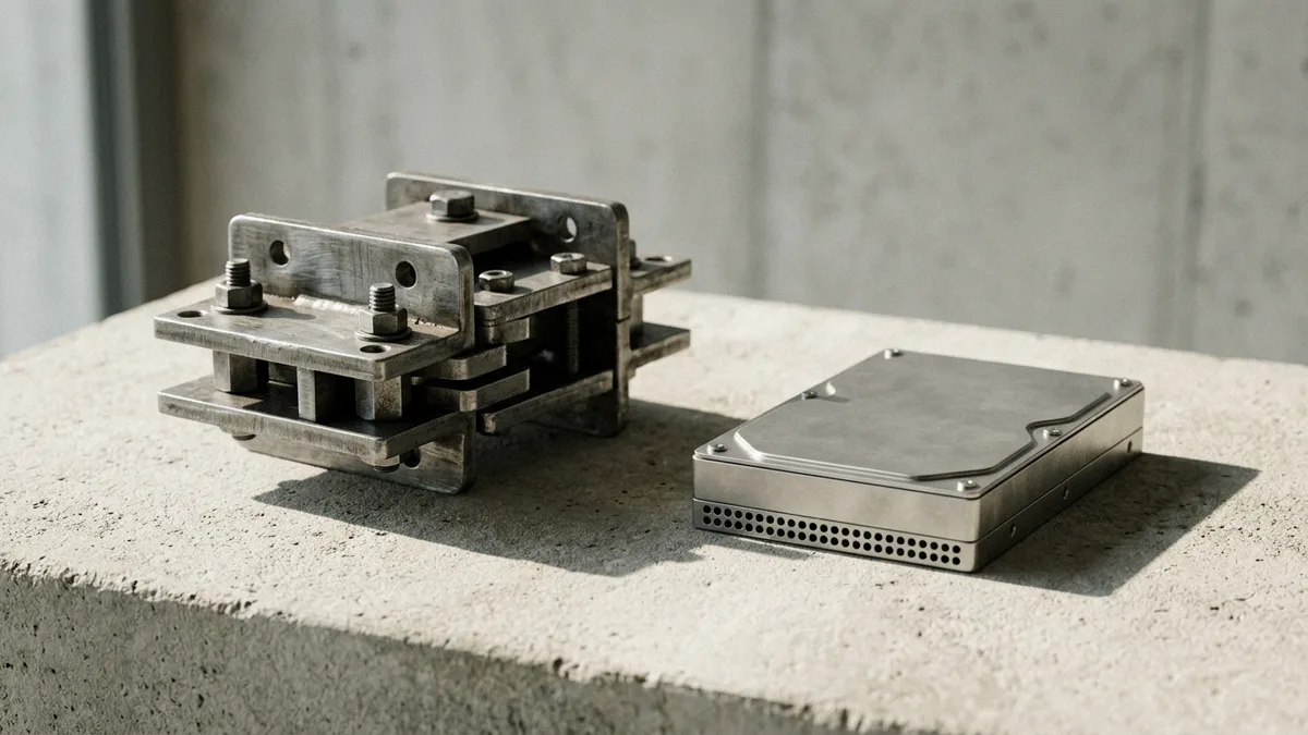 A heavy steel part assembly and an offline metallic hard drive on concrete, representing security and desktop estimation.