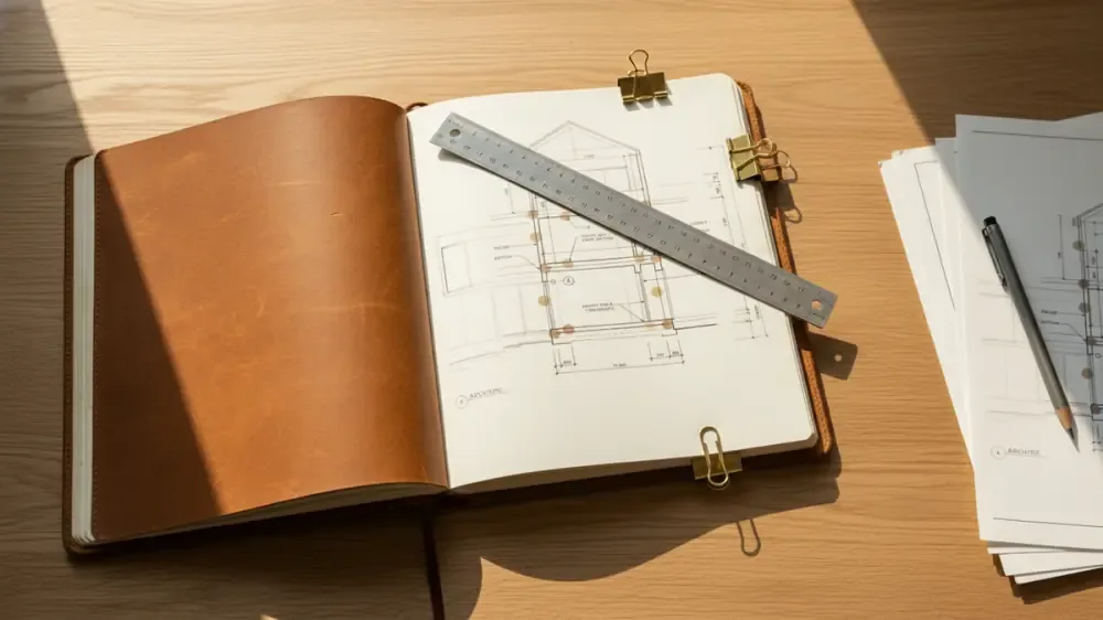 Warm-toned editorial still life with an open leather-bound notebook and steel ruler
