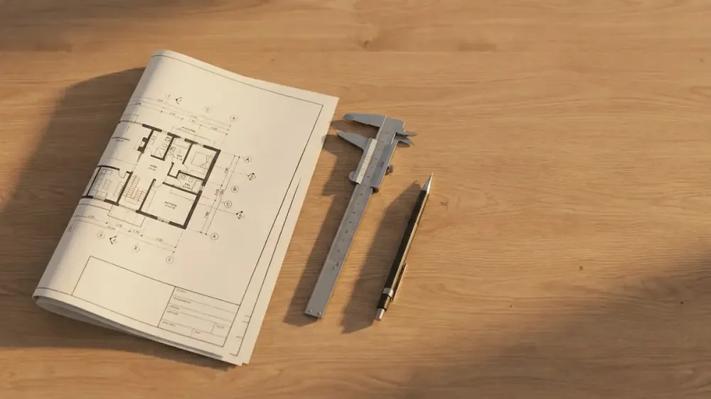 Minimalist wooden desk with folded blueprint, steel calipers, and mechanical pencil