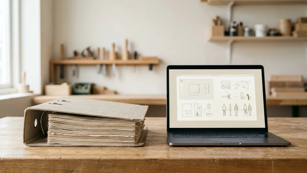 A high-quality photo showing side-by-side comparison of a thick paper document binder and a modern laptop screen on a clean timber workshop desk.