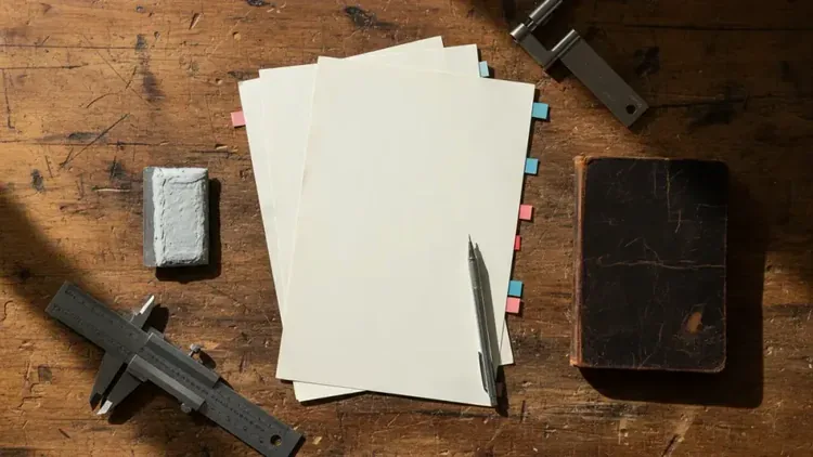 Flat-lay of NCC transition review papers, measuring tools, a fire-protected steel sample, and a notebook on a fabrication estimating bench.