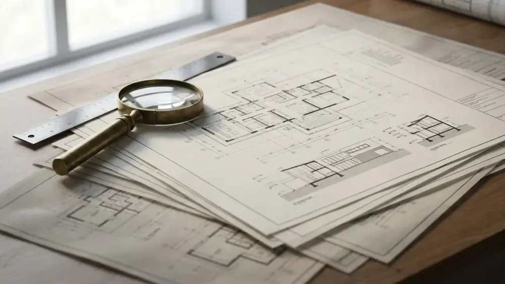 A flat-lay editorial composition of technical drawings with a brass magnifying glass and steel ruler
