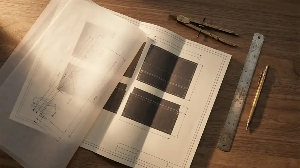 Warm-toned architectural photograph of a metal fabrication drawing with vellum overlay