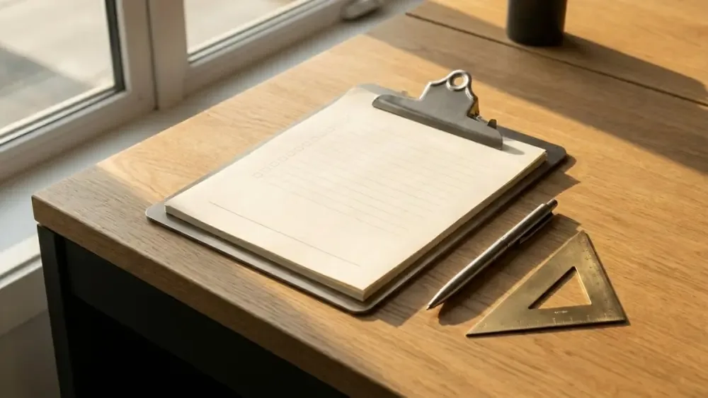 Professional editorial still-life with a metal clipboard, steel pen, and brass triangle ruler