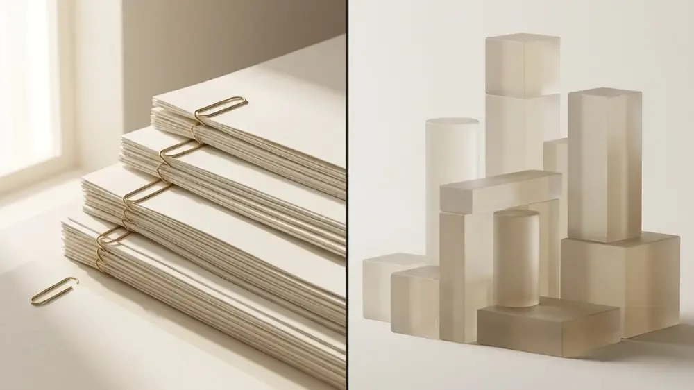 Split composition showing organised paper documents vs structured translucent geometric blocks