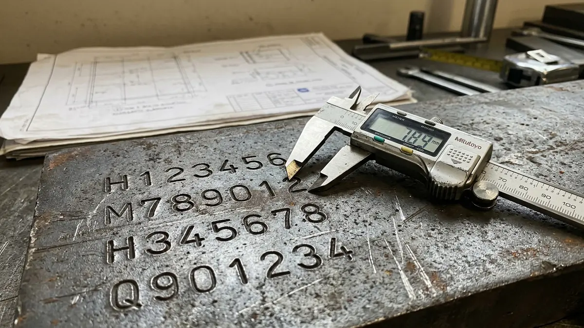 Close-up photograph of heat numbers stamped onto structural steel plate with calipers resting nearby.