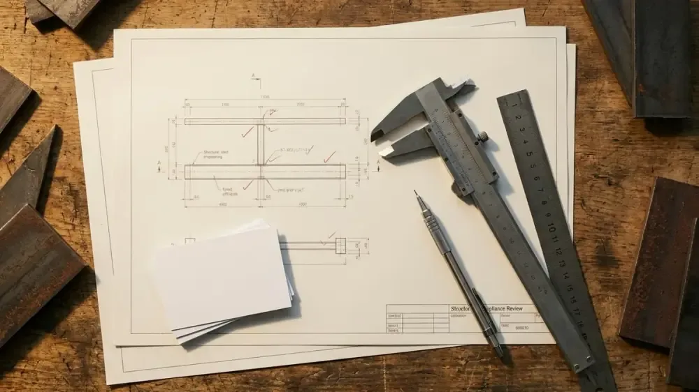 Flat-lay of structural steel compliance papers, inspection cards, measuring tools, and steel offcuts on a timber estimating bench.