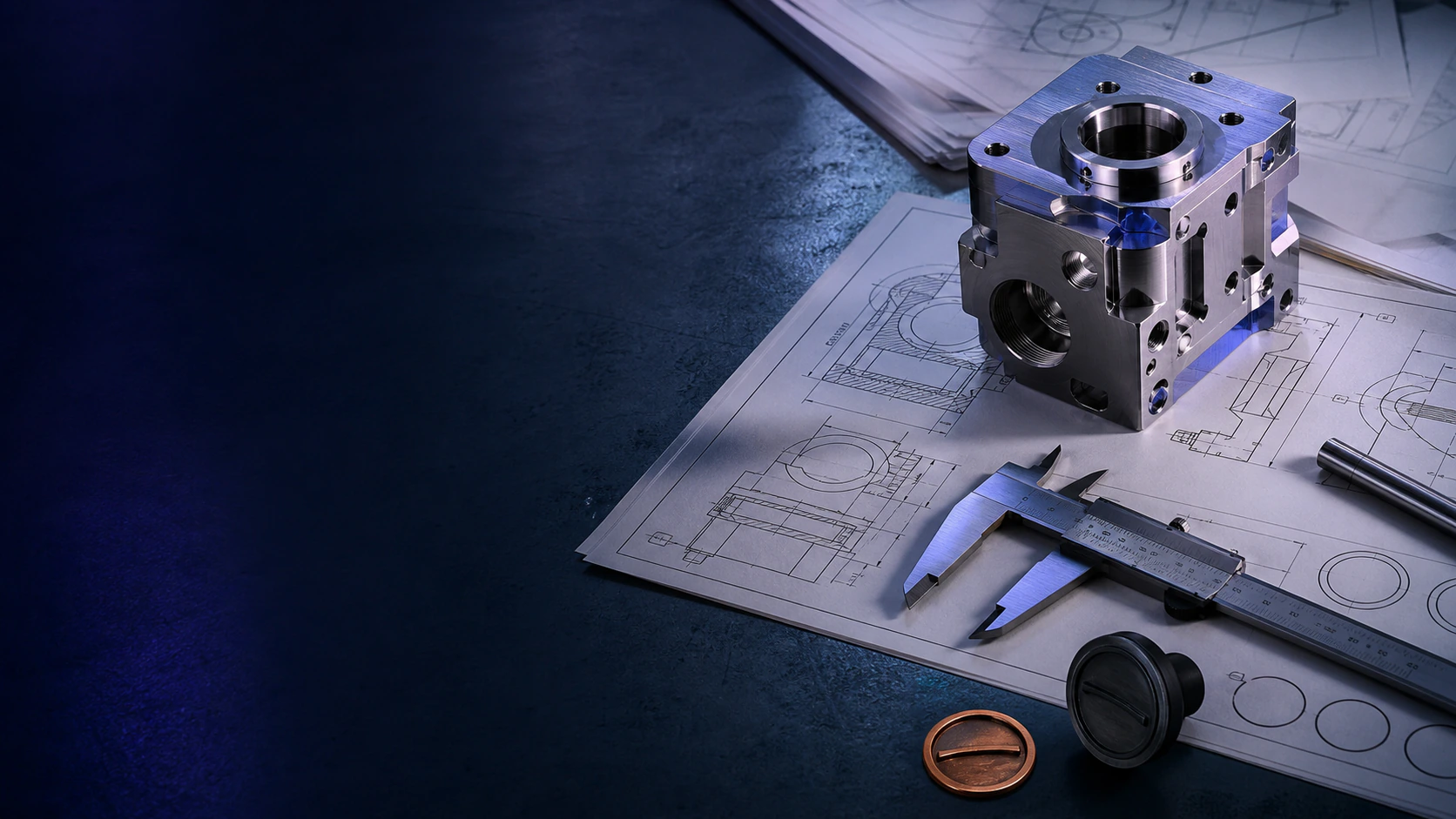 Precision component, technical drawings, and calipers prepared for quote review.