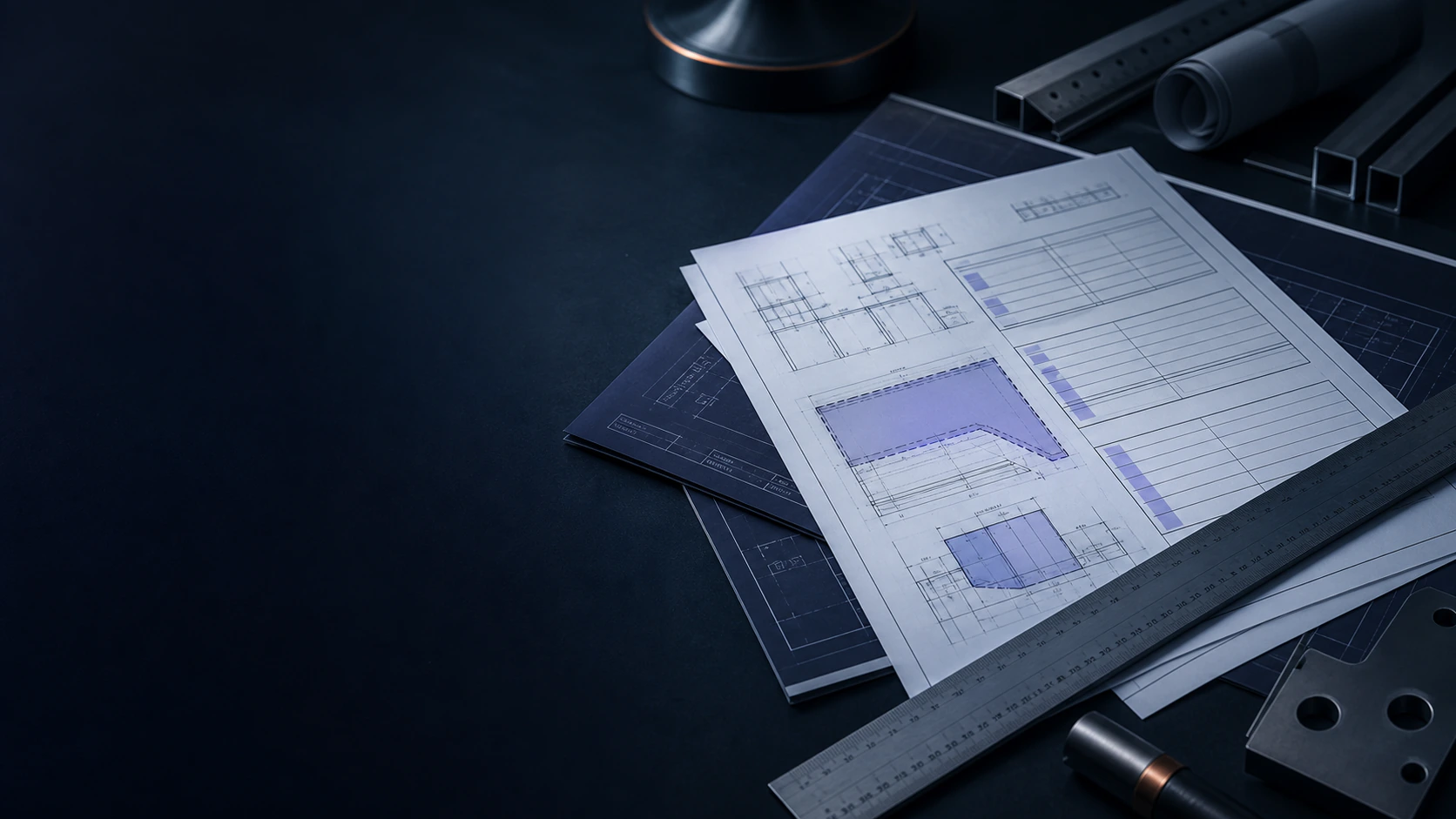 Fabrication drawings and assumption review sheets on a dark estimating bench.
