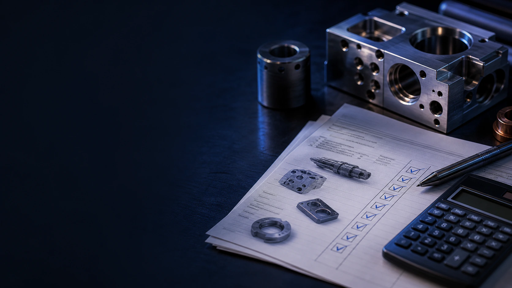 Fabrication quote review sheet with calculator and machined components.