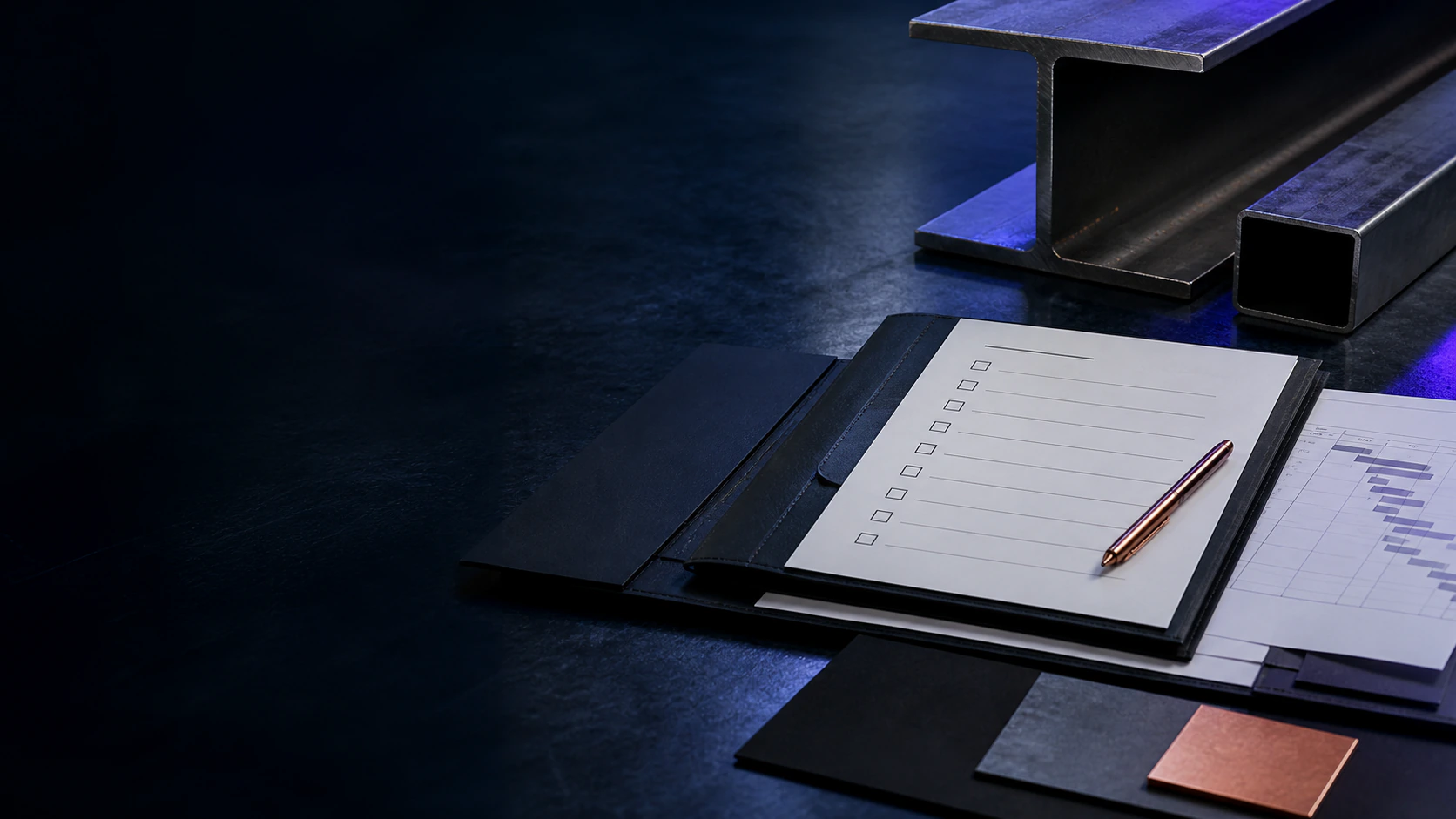 Tender decision checklist with structural-steel sections and project schedule.