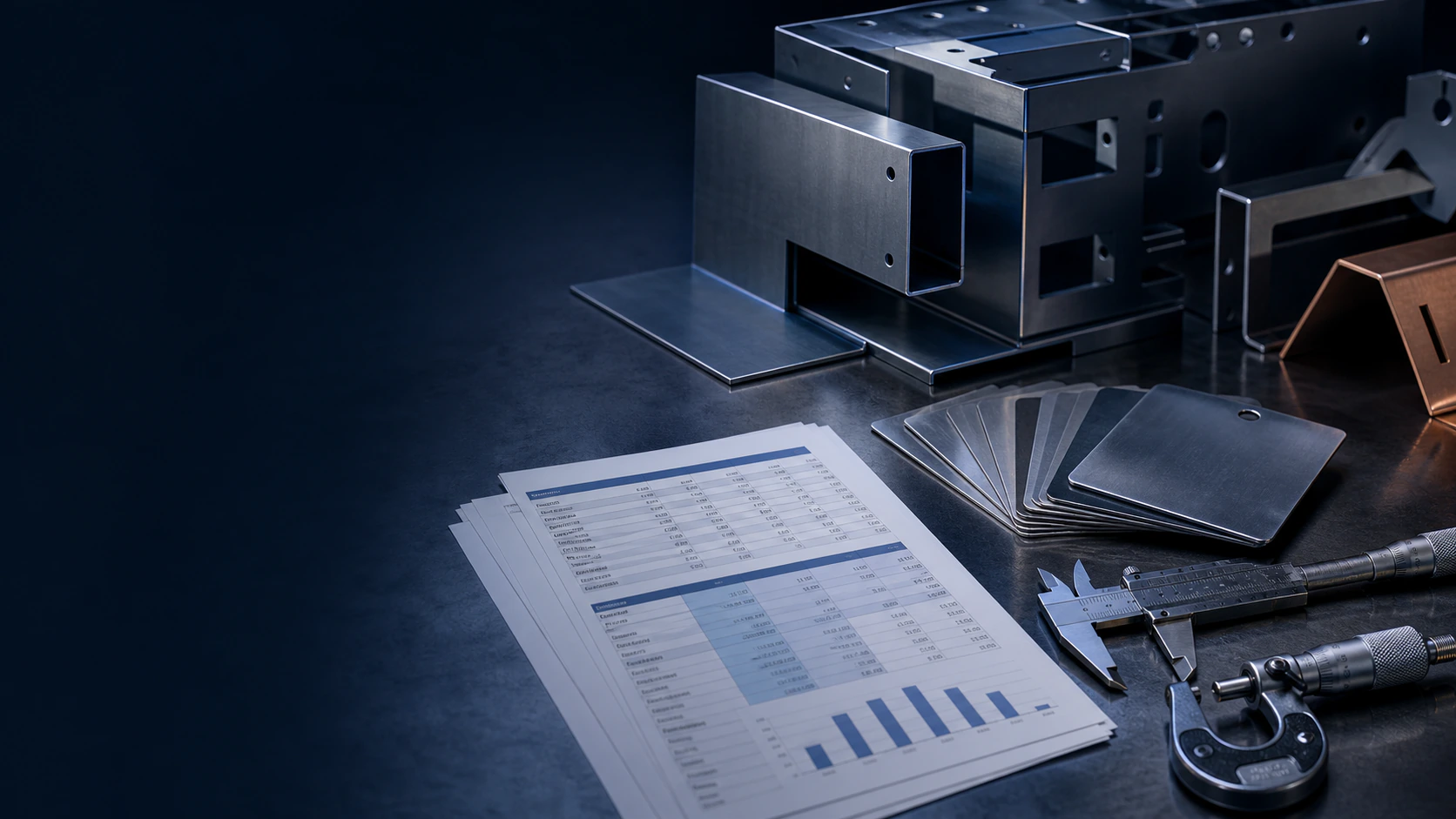 Sheet-metal samples, measuring tools, and costing workbook on a fabrication bench.