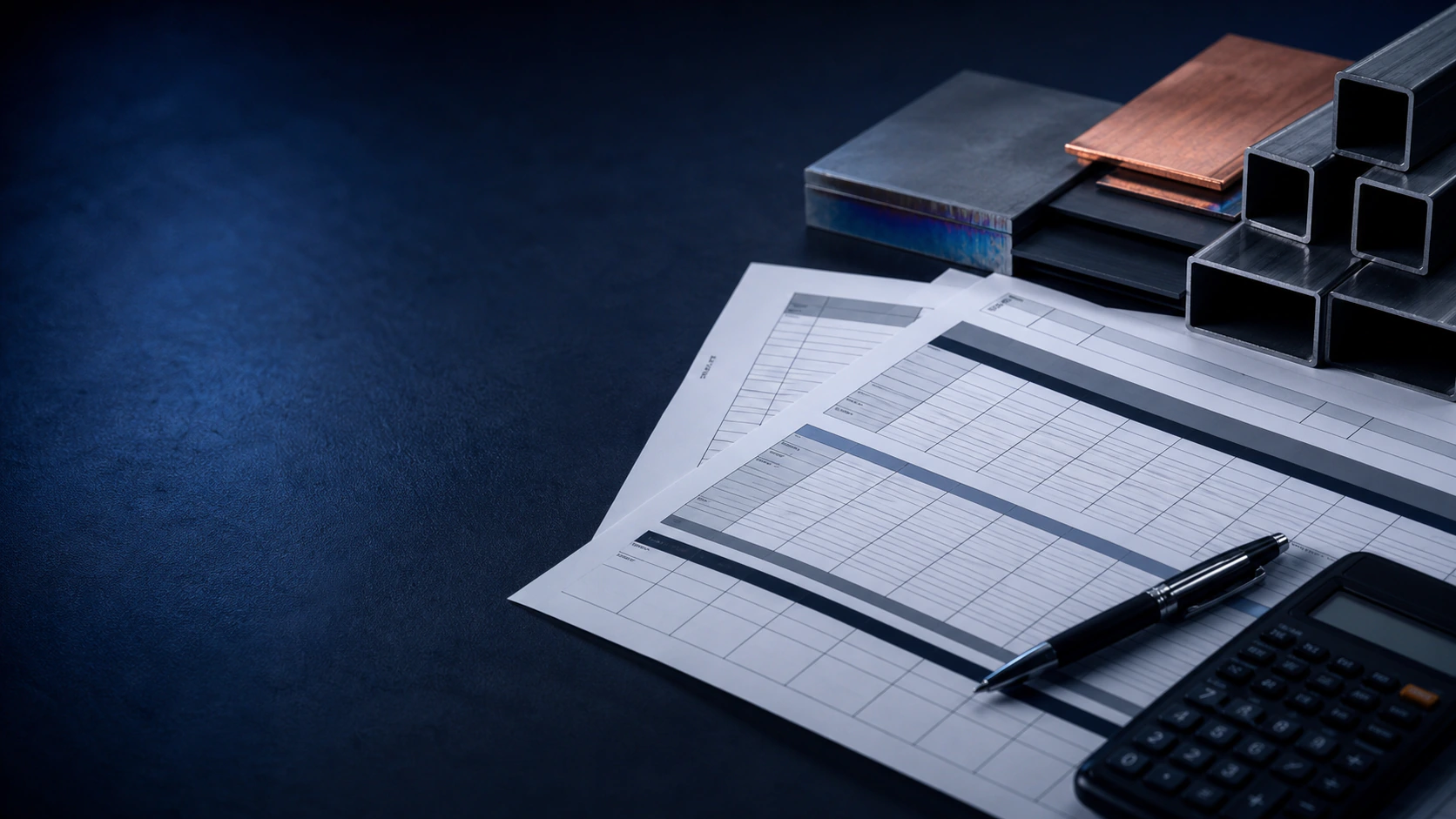 Supplier comparison sheets, calculator, pen, and metal stock samples.